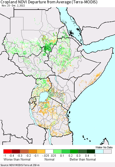 Eastern Africa Cropland NDVI Departure from Average (Terra-MODIS) Thematic Map For 11/25/2022 - 12/2/2022