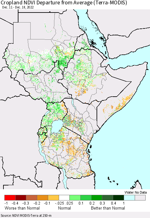 Eastern Africa Cropland NDVI Departure from Average (Terra-MODIS) Thematic Map For 12/11/2022 - 12/18/2022