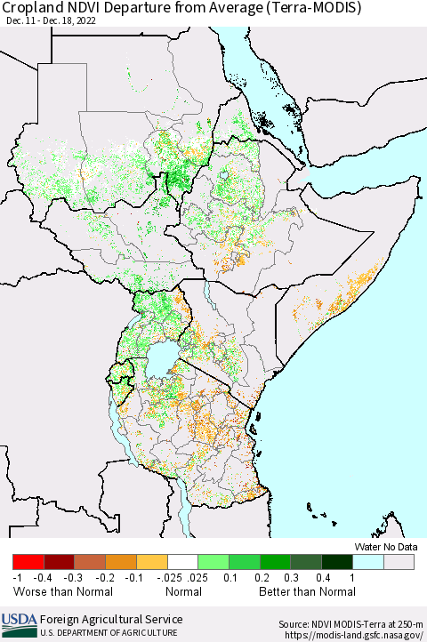 Eastern Africa Cropland NDVI Departure from Average (Terra-MODIS) Thematic Map For 12/11/2022 - 12/20/2022