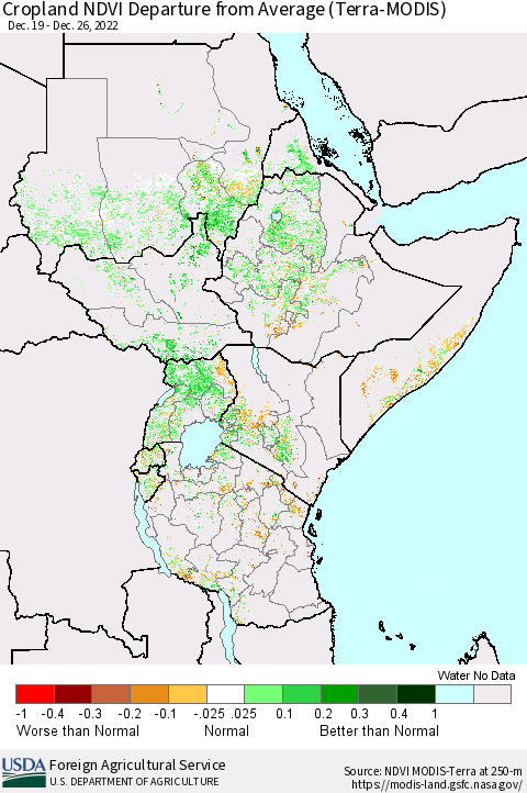Eastern Africa Cropland NDVI Departure from Average (Terra-MODIS) Thematic Map For 12/21/2022 - 12/31/2022
