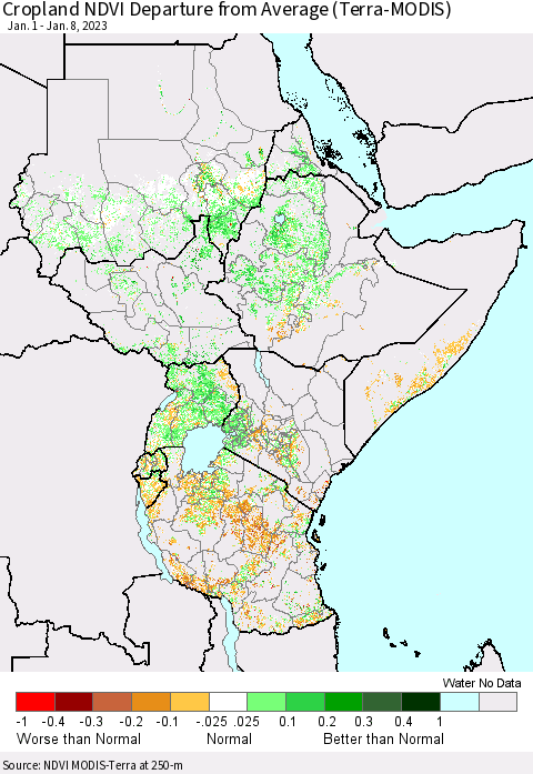 Eastern Africa Cropland NDVI Departure from Average (Terra-MODIS) Thematic Map For 1/1/2023 - 1/8/2023