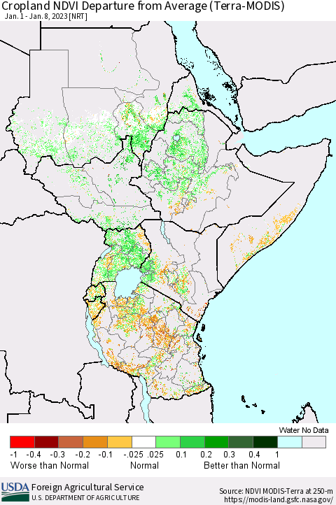 Eastern Africa Cropland NDVI Departure from Average (Terra-MODIS) Thematic Map For 1/1/2023 - 1/10/2023