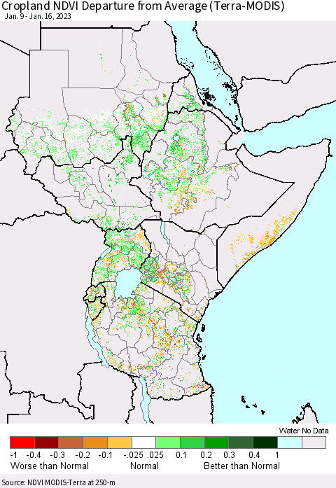 Eastern Africa Cropland NDVI Departure from Average (Terra-MODIS) Thematic Map For 1/9/2023 - 1/16/2023