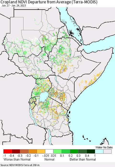 Eastern Africa Cropland NDVI Departure from Average (Terra-MODIS) Thematic Map For 1/17/2023 - 1/24/2023