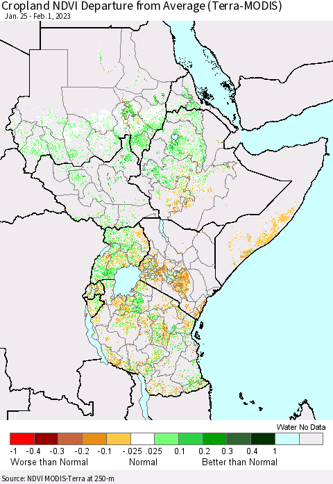 Eastern Africa Cropland NDVI Departure from Average (Terra-MODIS) Thematic Map For 1/25/2023 - 2/1/2023