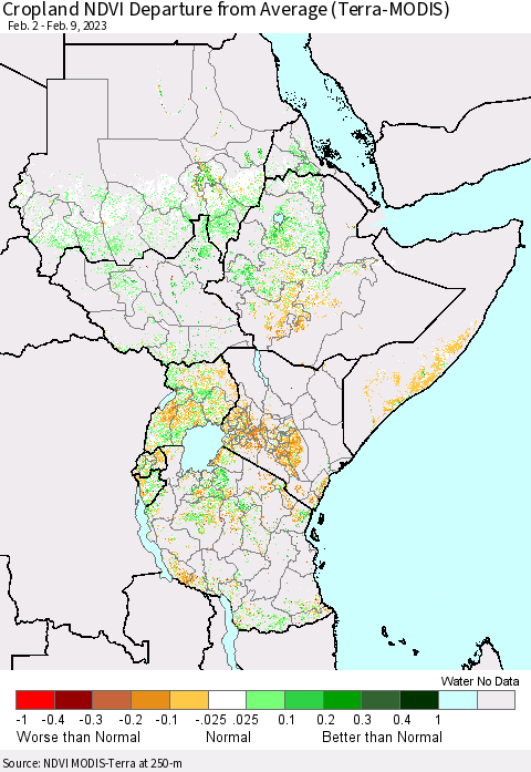 Eastern Africa Cropland NDVI Departure from Average (Terra-MODIS) Thematic Map For 2/2/2023 - 2/9/2023