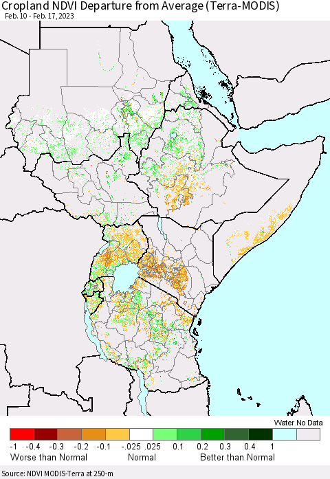 Eastern Africa Cropland NDVI Departure from Average (Terra-MODIS) Thematic Map For 2/10/2023 - 2/17/2023