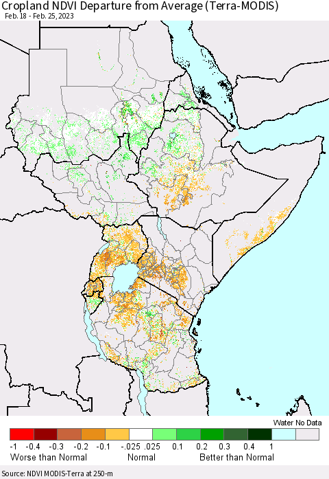 Eastern Africa Cropland NDVI Departure from Average (Terra-MODIS) Thematic Map For 2/18/2023 - 2/25/2023