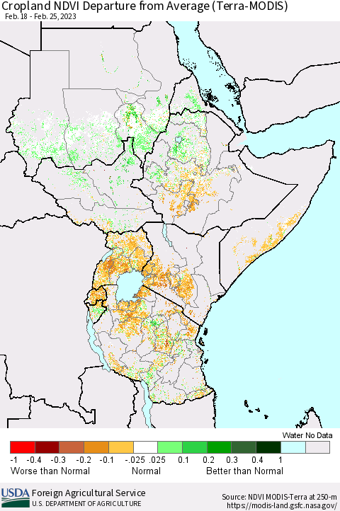 Eastern Africa Cropland NDVI Departure from Average (Terra-MODIS) Thematic Map For 2/21/2023 - 2/28/2023