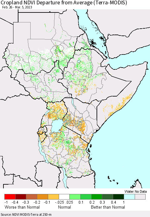 Eastern Africa Cropland NDVI Departure from Average (Terra-MODIS) Thematic Map For 2/26/2023 - 3/5/2023