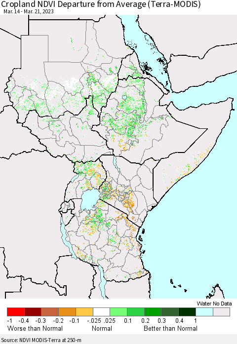 Eastern Africa Cropland NDVI Departure from Average (Terra-MODIS) Thematic Map For 3/14/2023 - 3/21/2023