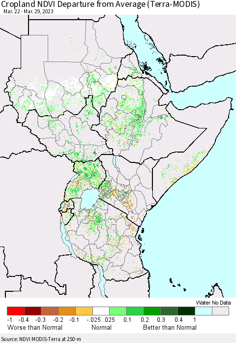 Eastern Africa Cropland NDVI Departure from Average (Terra-MODIS) Thematic Map For 3/22/2023 - 3/29/2023
