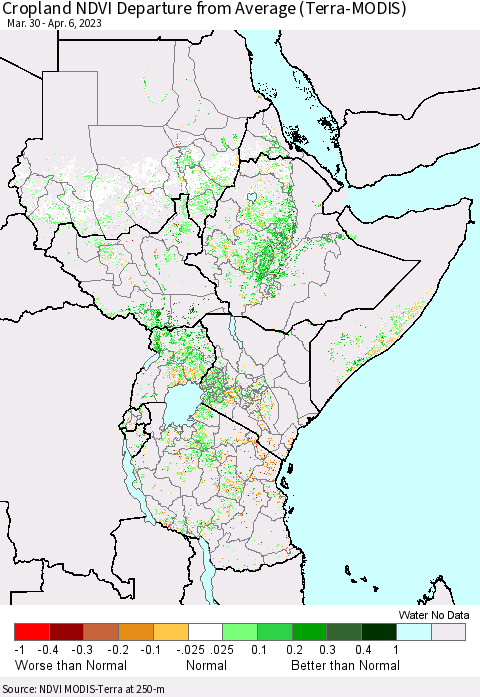 Eastern Africa Cropland NDVI Departure from Average (Terra-MODIS) Thematic Map For 3/30/2023 - 4/6/2023