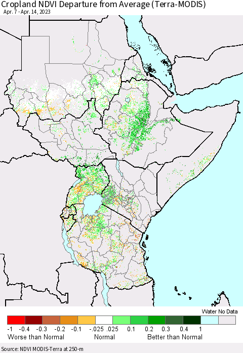 Eastern Africa Cropland NDVI Departure from Average (Terra-MODIS) Thematic Map For 4/7/2023 - 4/14/2023