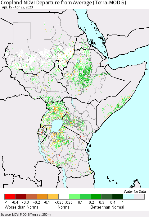 Eastern Africa Cropland NDVI Departure from Average (Terra-MODIS) Thematic Map For 4/15/2023 - 4/22/2023