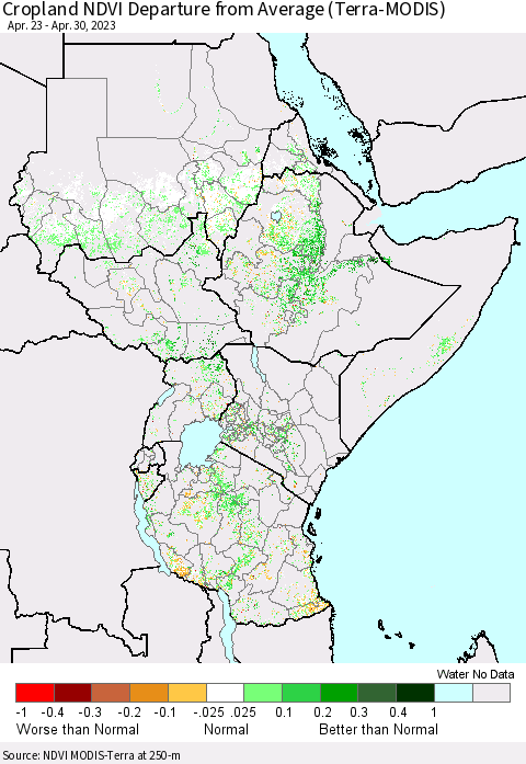 Eastern Africa Cropland NDVI Departure from Average (Terra-MODIS) Thematic Map For 4/23/2023 - 4/30/2023