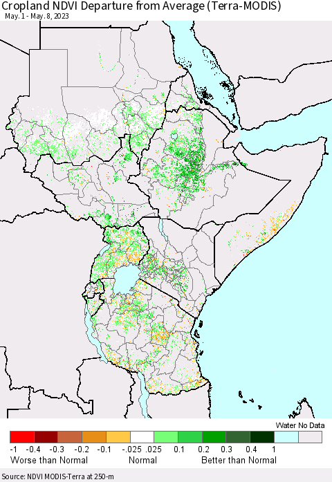 Eastern Africa Cropland NDVI Departure from Average (Terra-MODIS) Thematic Map For 5/1/2023 - 5/8/2023
