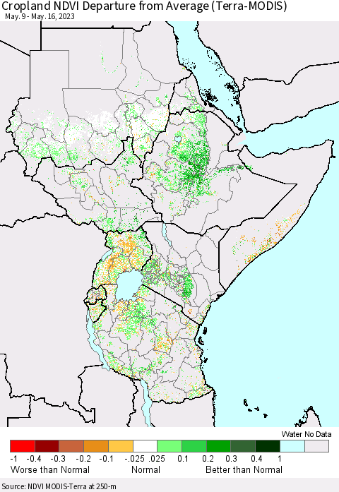 Eastern Africa Cropland NDVI Departure from Average (Terra-MODIS) Thematic Map For 5/9/2023 - 5/16/2023