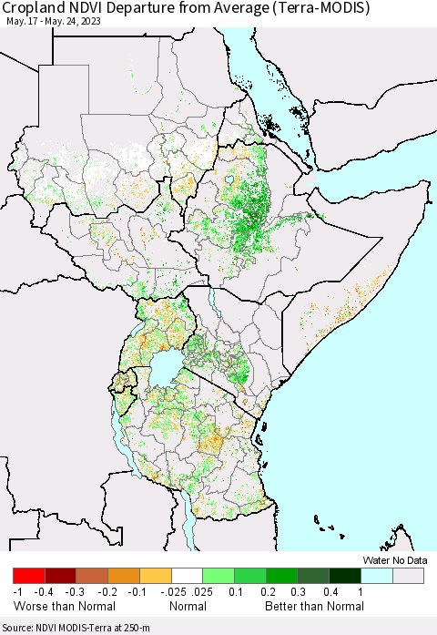 Eastern Africa Cropland NDVI Departure from Average (Terra-MODIS) Thematic Map For 5/17/2023 - 5/24/2023