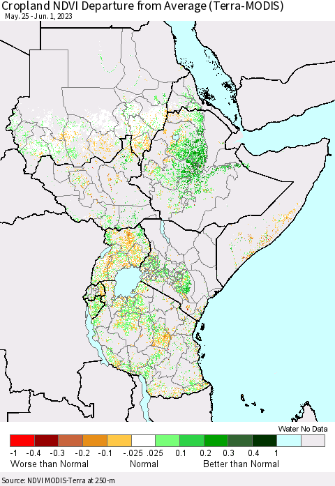 Eastern Africa Cropland NDVI Departure from Average (Terra-MODIS) Thematic Map For 5/25/2023 - 6/1/2023