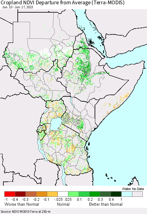 Eastern Africa Cropland NDVI Departure from Average (Terra-MODIS) Thematic Map For 6/10/2023 - 6/17/2023