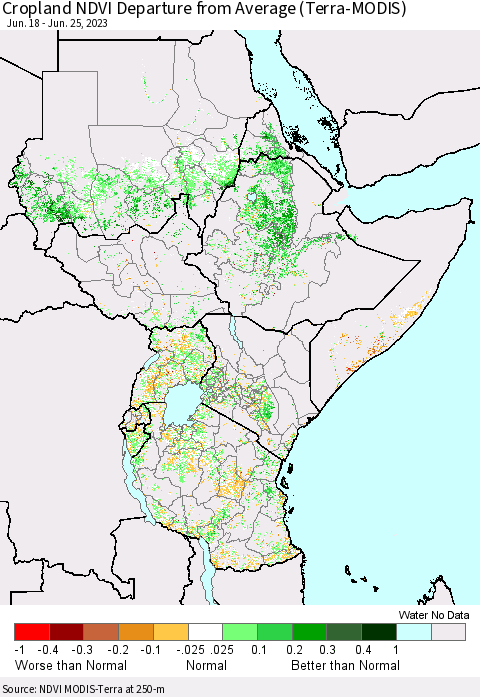 Eastern Africa Cropland NDVI Departure from Average (Terra-MODIS) Thematic Map For 6/18/2023 - 6/25/2023