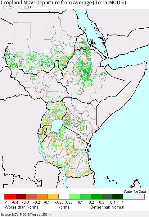 Eastern Africa Cropland NDVI Departure from Average (Terra-MODIS) Thematic Map For 6/26/2023 - 7/3/2023