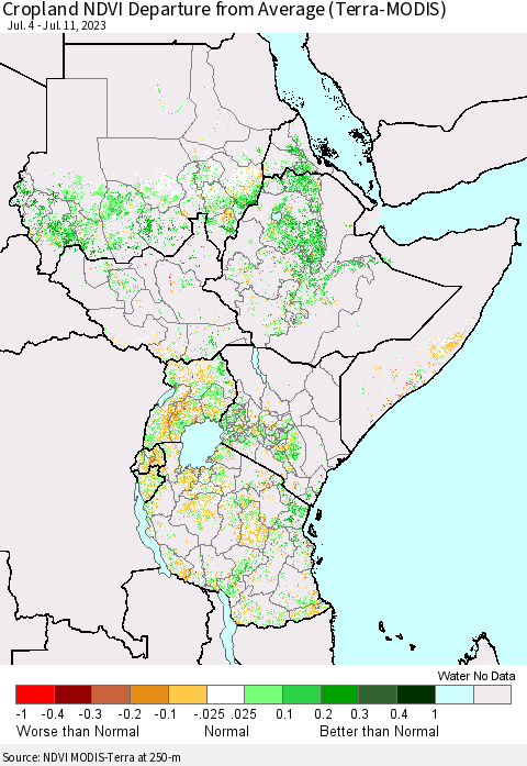 Eastern Africa Cropland NDVI Departure from Average (Terra-MODIS) Thematic Map For 7/4/2023 - 7/11/2023