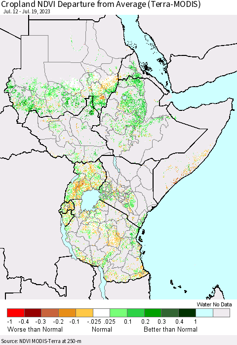 Eastern Africa Cropland NDVI Departure from Average (Terra-MODIS) Thematic Map For 7/12/2023 - 7/19/2023