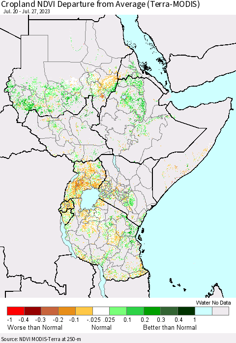 Eastern Africa Cropland NDVI Departure from Average (Terra-MODIS) Thematic Map For 7/20/2023 - 7/27/2023