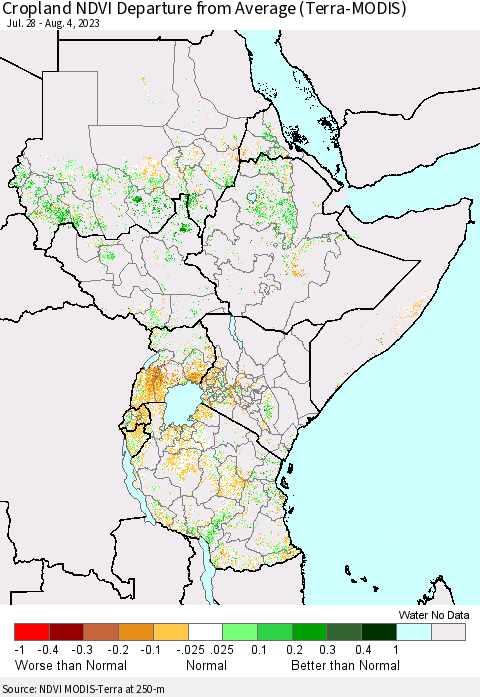 Eastern Africa Cropland NDVI Departure from Average (Terra-MODIS) Thematic Map For 7/28/2023 - 8/4/2023