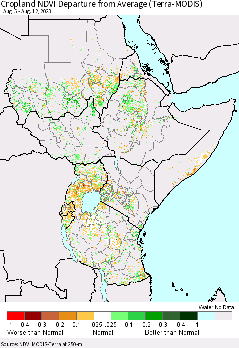 Eastern Africa Cropland NDVI Departure from Average (Terra-MODIS) Thematic Map For 8/5/2023 - 8/12/2023