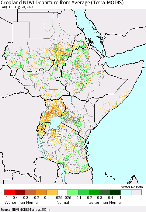 Eastern Africa Cropland NDVI Departure from Average (Terra-MODIS) Thematic Map For 8/13/2023 - 8/20/2023