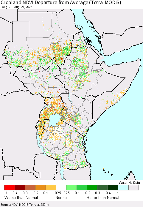Eastern Africa Cropland NDVI Departure from Average (Terra-MODIS) Thematic Map For 8/21/2023 - 8/28/2023