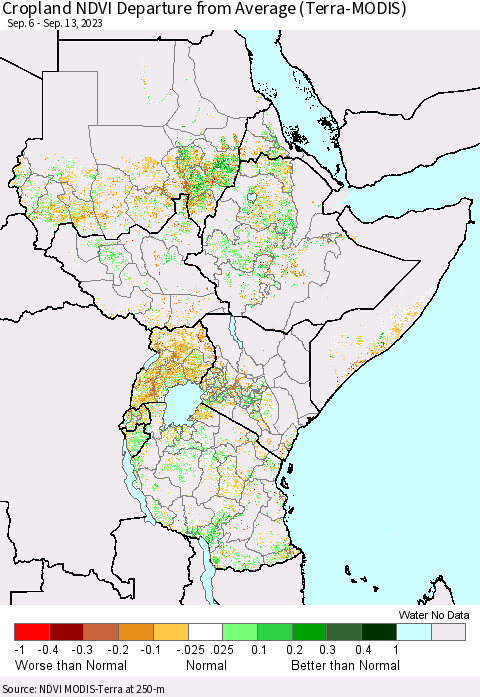 Eastern Africa Cropland NDVI Departure from Average (Terra-MODIS) Thematic Map For 9/6/2023 - 9/13/2023
