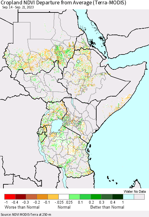 Eastern Africa Cropland NDVI Departure from Average (Terra-MODIS) Thematic Map For 9/14/2023 - 9/21/2023