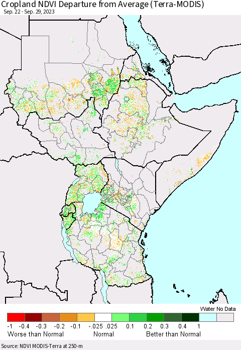 Eastern Africa Cropland NDVI Departure from Average (Terra-MODIS) Thematic Map For 9/22/2023 - 9/29/2023