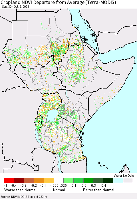 Eastern Africa Cropland NDVI Departure from Average (Terra-MODIS) Thematic Map For 9/30/2023 - 10/7/2023