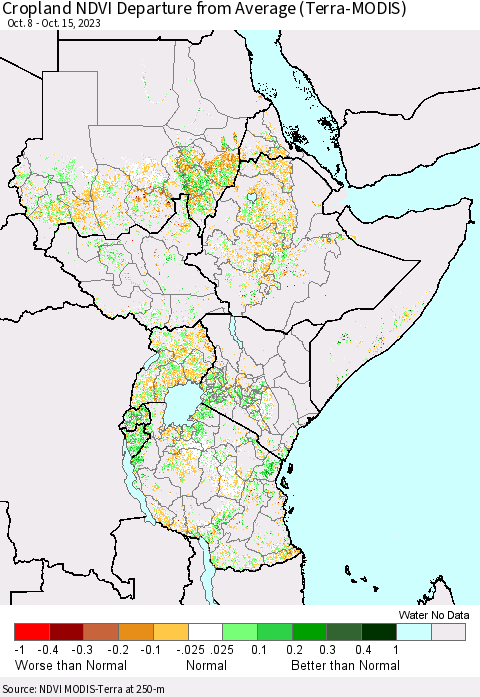 Eastern Africa Cropland NDVI Departure from Average (Terra-MODIS) Thematic Map For 10/8/2023 - 10/15/2023