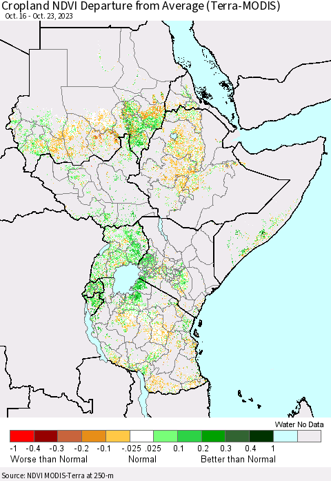 Eastern Africa Cropland NDVI Departure from Average (Terra-MODIS) Thematic Map For 10/16/2023 - 10/23/2023