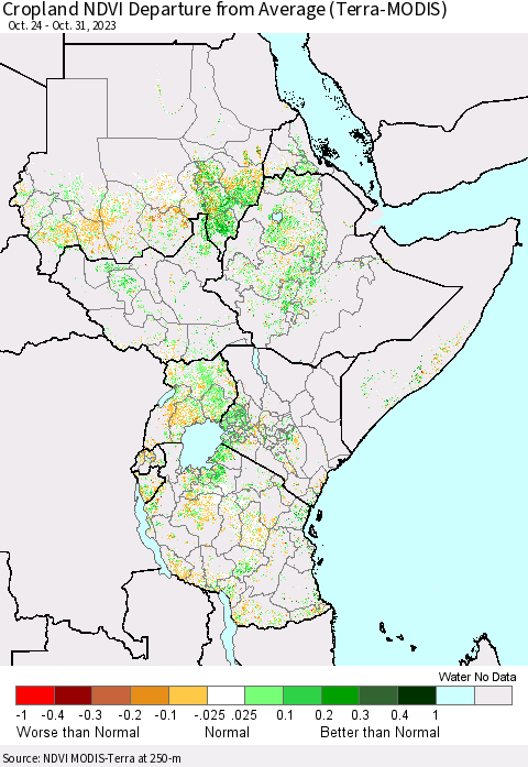 Eastern Africa Cropland NDVI Departure from Average (Terra-MODIS) Thematic Map For 10/24/2023 - 10/31/2023