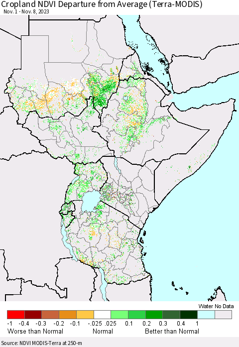 Eastern Africa Cropland NDVI Departure from Average (Terra-MODIS) Thematic Map For 11/1/2023 - 11/8/2023