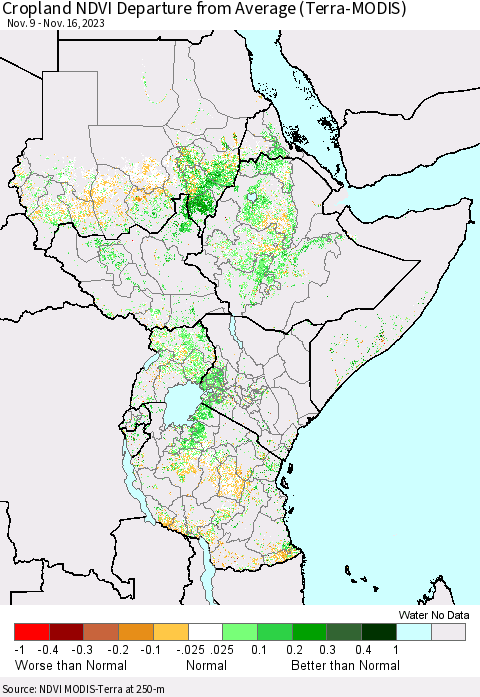 Eastern Africa Cropland NDVI Departure from Average (Terra-MODIS) Thematic Map For 11/9/2023 - 11/16/2023