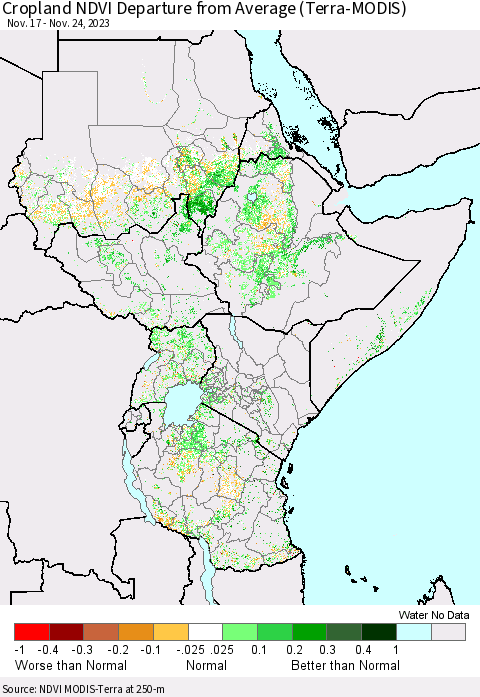 Eastern Africa Cropland NDVI Departure from Average (Terra-MODIS) Thematic Map For 11/17/2023 - 11/24/2023