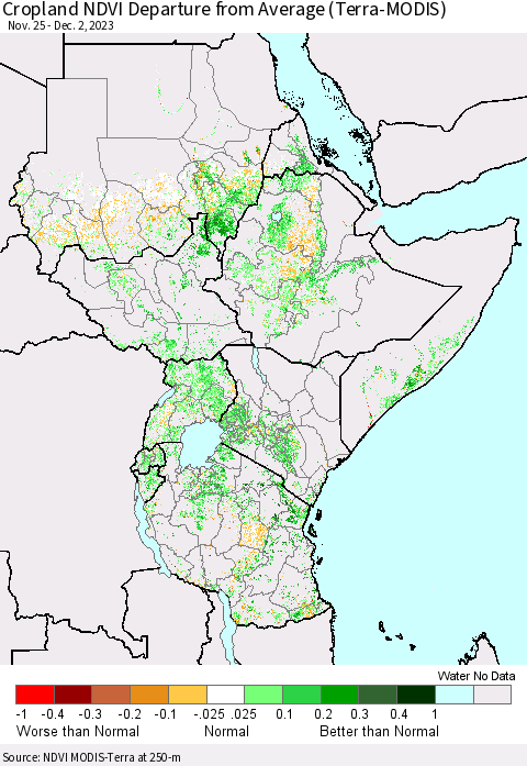 Eastern Africa Cropland NDVI Departure from Average (Terra-MODIS) Thematic Map For 11/25/2023 - 12/2/2023