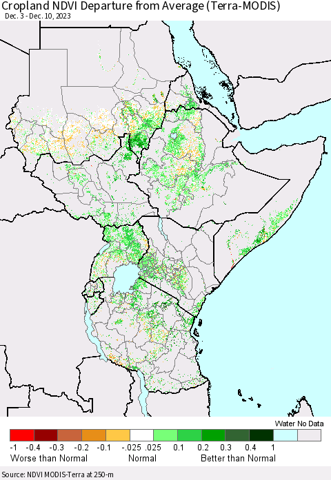 Eastern Africa Cropland NDVI Departure from Average (Terra-MODIS) Thematic Map For 12/3/2023 - 12/10/2023