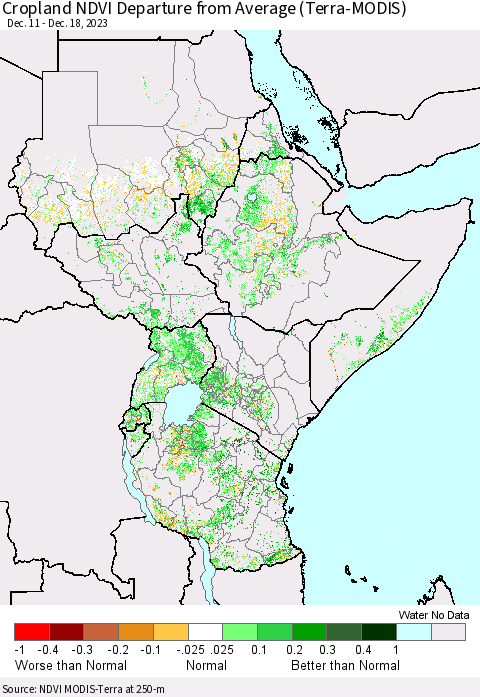 Eastern Africa Cropland NDVI Departure from Average (Terra-MODIS) Thematic Map For 12/11/2023 - 12/18/2023