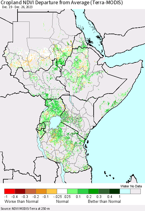 Eastern Africa Cropland NDVI Departure from Average (Terra-MODIS) Thematic Map For 12/19/2023 - 12/26/2023