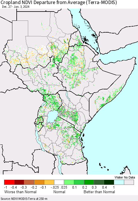 Eastern Africa Cropland NDVI Departure from Average (Terra-MODIS) Thematic Map For 12/27/2023 - 1/3/2024