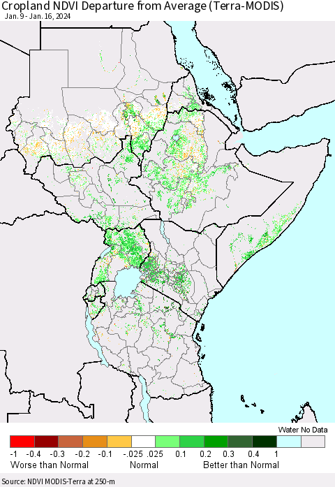 Eastern Africa Cropland NDVI Departure from Average (Terra-MODIS) Thematic Map For 1/9/2024 - 1/16/2024